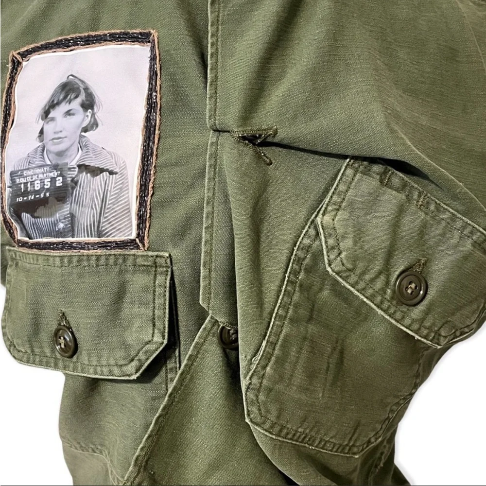 Upcycled Reworked Vintage Army Shirt with hand embroidery and vintage mug shot - Picture 8 of 12